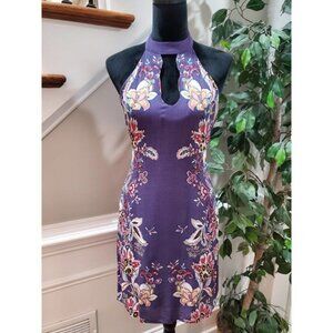 Blue Rain Women's Purple Floral Rayon Halter Neck Sleeveless Knee Length Dress M